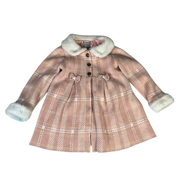 TAHARI Kids Coat Size 5T Pink White Faux Fur Trim Collar & Cuffs Decorative Bow - Picture 1 of 12